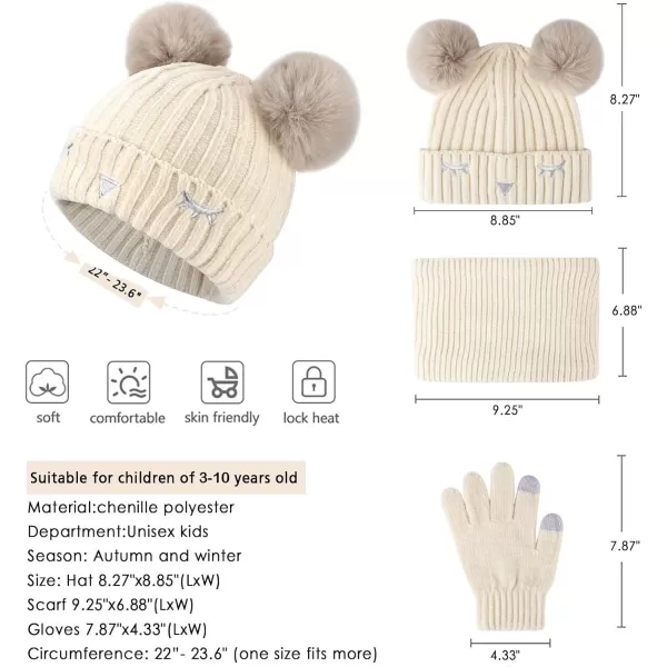 Toddler Boys Girls Winter Warm Knit Beanie Hat Neck Scarf Touchscreen Gloves with Fleece Lined Cap for 310 Year Kid GiftsA White