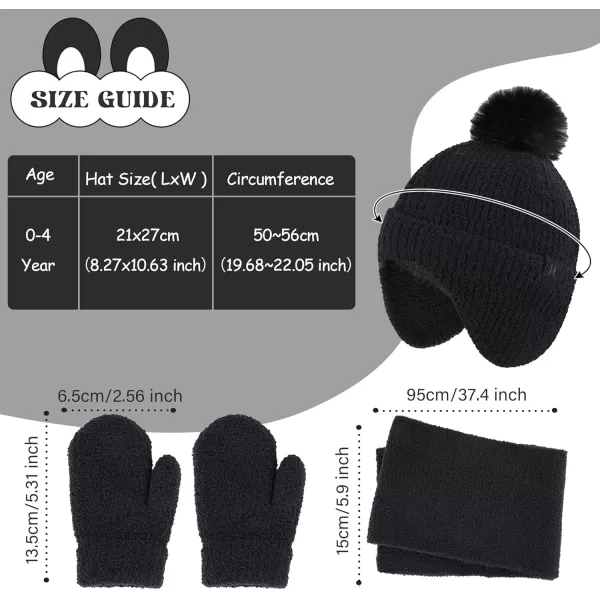 Toddler Kids Winter Hats Mittens Gloves Scarf Warm Ear Flaps Baby Beanie for 06 12 Months 1 2 3 4 Year Old Girls Boys GiftsBlack
