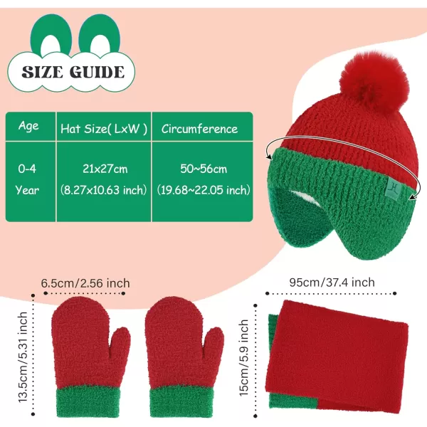 Toddler Kids Winter Hats Mittens Gloves Scarf Warm Ear Flaps Baby Beanie for 06 12 Months 1 2 3 4 Year Old Girls Boys GiftsRed  Green