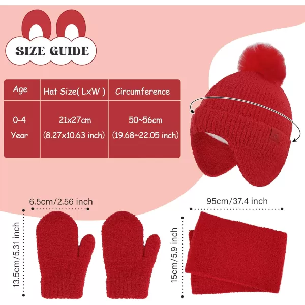 Toddler Kids Winter Hats Mittens Gloves Scarf Warm Ear Flaps Baby Beanie for 06 12 Months 1 2 3 4 Year Old Girls Boys GiftsRed