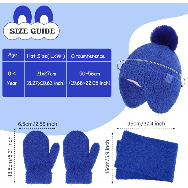 Toddler Kids Winter Hats Mittens Gloves Scarf Warm Ear Flaps Baby Beanie for 06 12 Months 1 2 3 4 Year Old Girls Boys GiftsRoyal Blue