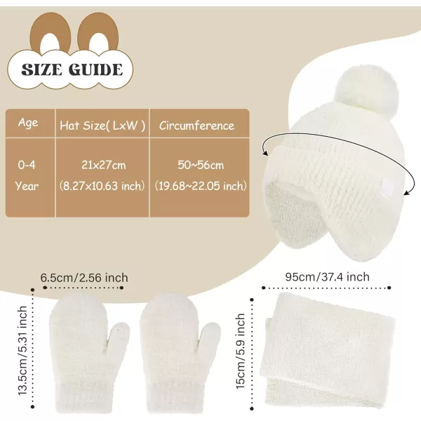 Toddler Kids Winter Hats Mittens Gloves Scarf Warm Ear Flaps Baby Beanie for 06 12 Months 1 2 3 4 Year Old Girls Boys GiftsWhite