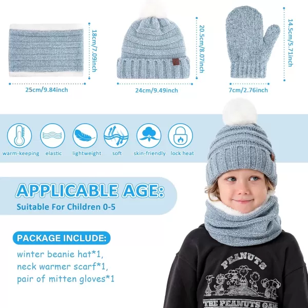 Toddler Kids Winter Warm Knit Beanie Hat Neck Warmer Scarf Gloves Set with Pompom Fleece Gifts for 05 Years Old Girls BoysBlue