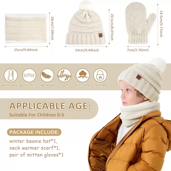 Toddler Kids Winter Warm Knit Beanie Hat Neck Warmer Scarf Gloves Set with Pompom Fleece Gifts for 05 Years Old Girls BoysKhaki
