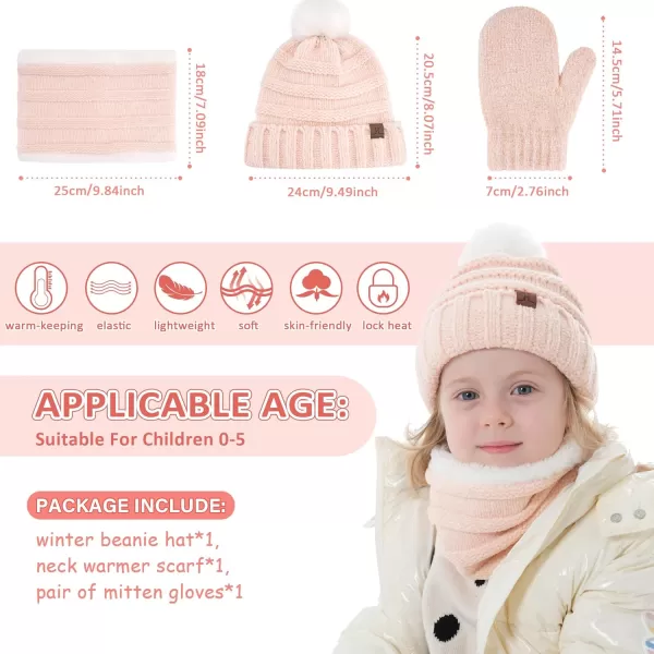 Toddler Kids Winter Warm Knit Beanie Hat Neck Warmer Scarf Gloves Set with Pompom Fleece Gifts for 05 Years Old Girls BoysPink