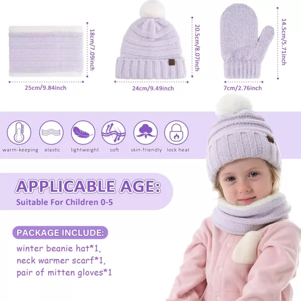 Toddler Kids Winter Warm Knit Beanie Hat Neck Warmer Scarf Gloves Set with Pompom Fleece Gifts for 05 Years Old Girls BoysPurple