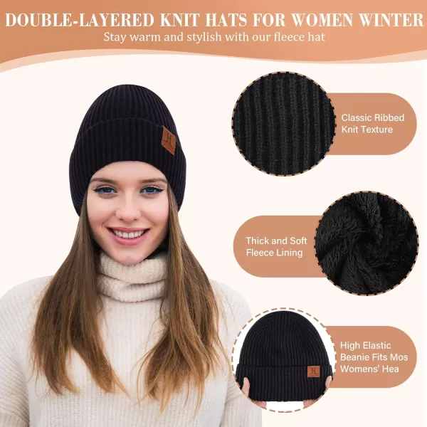 Womens Winter Hats Long Scarf Touch Screen Gloves Set Knit Warm Beanie Hat Scarves Gloves for Women Cold Weather Fleece GiftsBlack