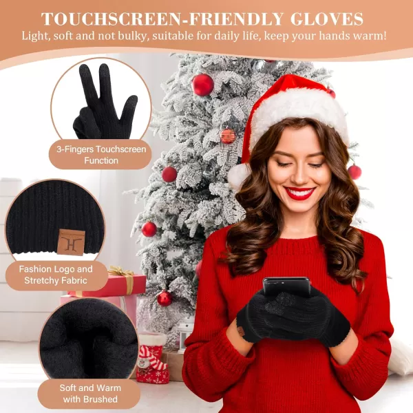 Womens Winter Hats Long Scarf Touch Screen Gloves Set Knit Warm Beanie Hat Scarves Gloves for Women Cold Weather Fleece GiftsBlack