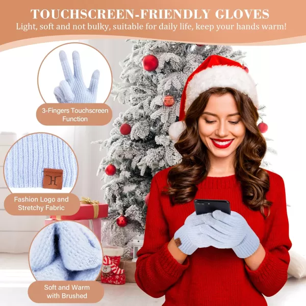 Womens Winter Hats Long Scarf Touch Screen Gloves Set Knit Warm Beanie Hat Scarves Gloves for Women Cold Weather Fleece GiftsLight Blue