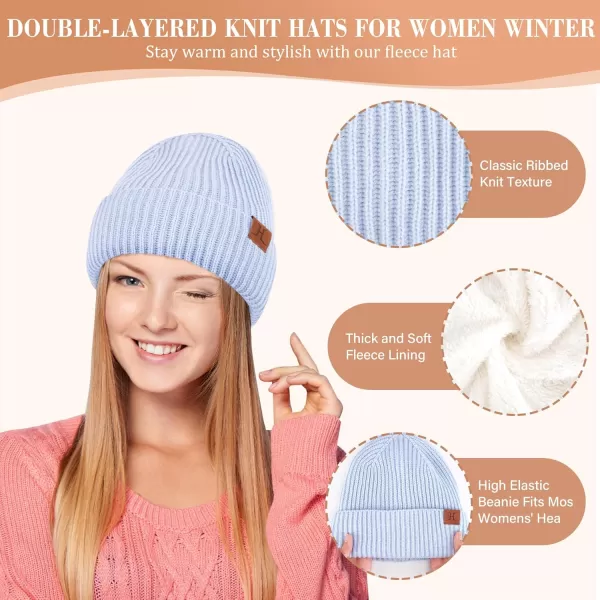 Womens Winter Hats Long Scarf Touch Screen Gloves Set Knit Warm Beanie Hat Scarves Gloves for Women Cold Weather Fleece GiftsLight Blue