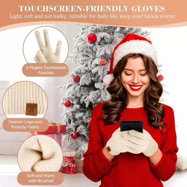 Womens Winter Hats Long Scarf Touch Screen Gloves Set Knit Warm Beanie Hat Scarves Gloves for Women Cold Weather Fleece GiftsOatmeal