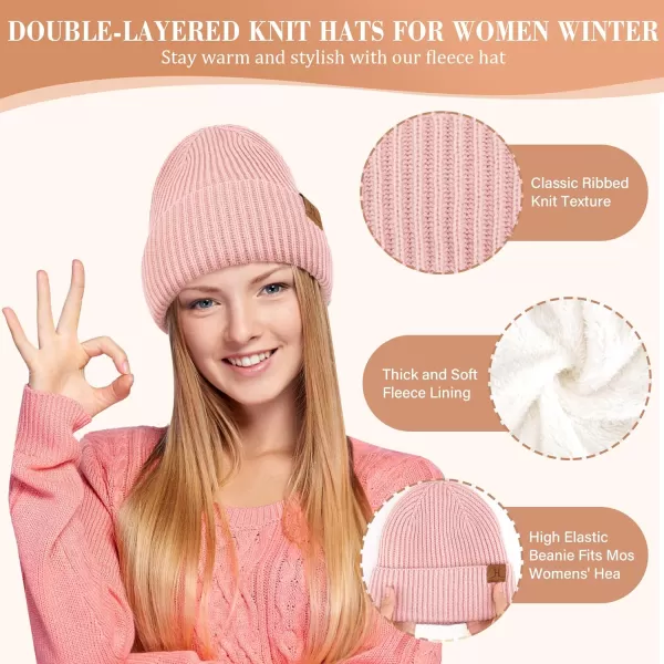 Womens Winter Hats Long Scarf Touch Screen Gloves Set Knit Warm Beanie Hat Scarves Gloves for Women Cold Weather Fleece GiftsPink