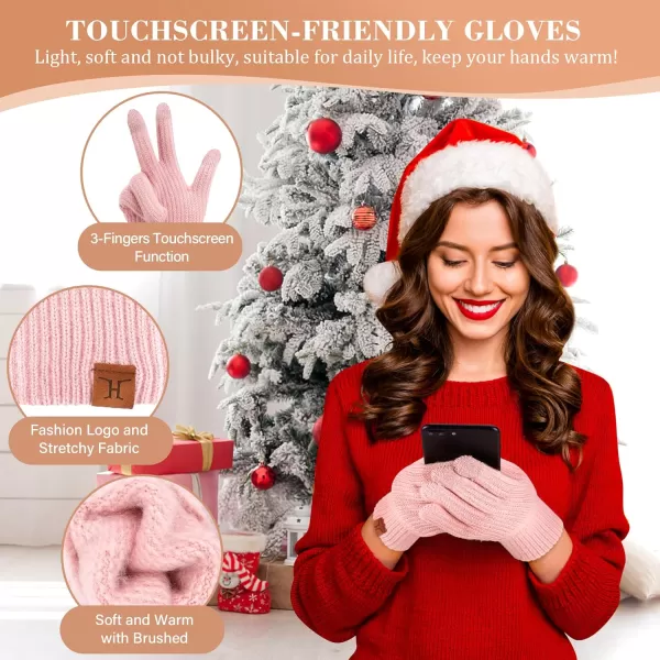 Womens Winter Hats Long Scarf Touch Screen Gloves Set Knit Warm Beanie Hat Scarves Gloves for Women Cold Weather Fleece GiftsPink