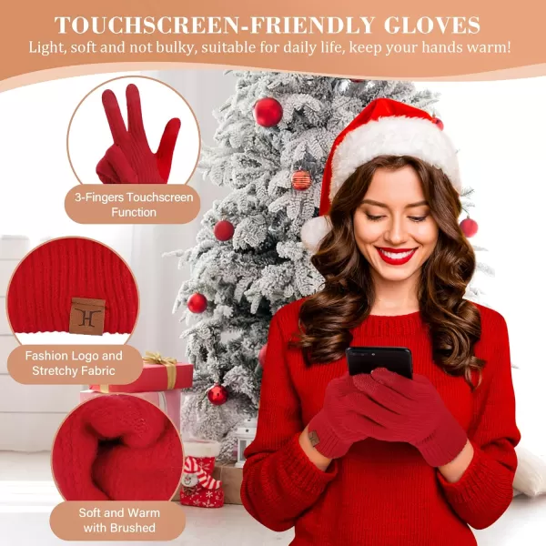 Womens Winter Hats Long Scarf Touch Screen Gloves Set Knit Warm Beanie Hat Scarves Gloves for Women Cold Weather Fleece GiftsRed