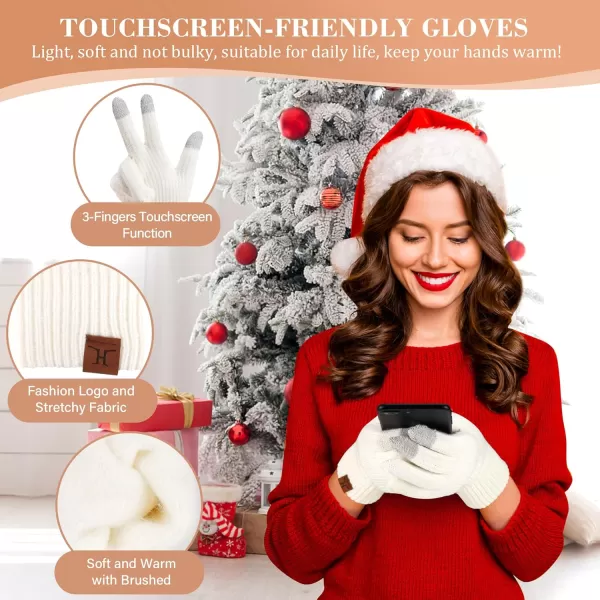 Womens Winter Hats Long Scarf Touch Screen Gloves Set Knit Warm Beanie Hat Scarves Gloves for Women Cold Weather Fleece GiftsWhite