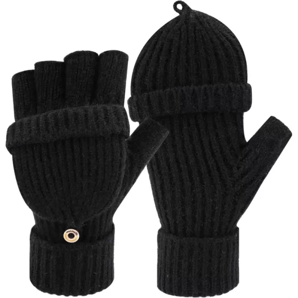 FZ FANTASTIC ZONE Womens Winter Knit Fingerless Work Gloves Convertible Mittens Warm for Cold dayA Black