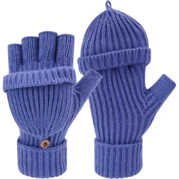 FZ FANTASTIC ZONE Womens Winter Knit Fingerless Work Gloves Convertible Mittens Warm for Cold dayA Denim Blue