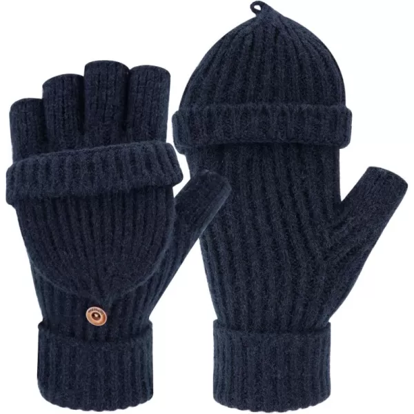 FZ FANTASTIC ZONE Womens Winter Knit Fingerless Work Gloves Convertible Mittens Warm for Cold dayA Navy Blue