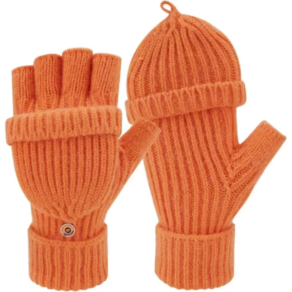 FZ FANTASTIC ZONE Womens Winter Knit Fingerless Work Gloves Convertible Mittens Warm for Cold dayA Orange