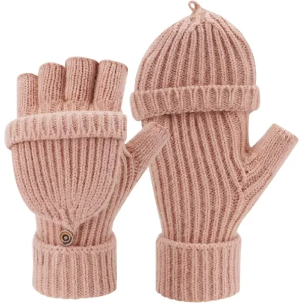 FZ FANTASTIC ZONE Womens Winter Knit Fingerless Work Gloves Convertible Mittens Warm for Cold dayA Pink