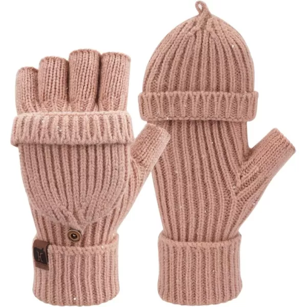 FZ FANTASTIC ZONE Womens Winter Knit Fingerless Work Gloves Convertible Mittens Warm for Cold dayPink