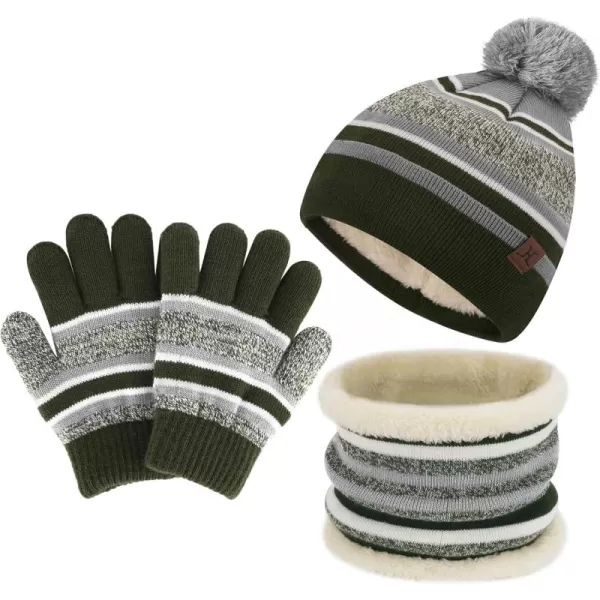 Kids Toddlers Winter Knit Warm Beanie Hat Scarf Gloves Set for Boys Girls Age 27 Pompom Cap Neck Warmer Gloves Fleece LinedArmy Green