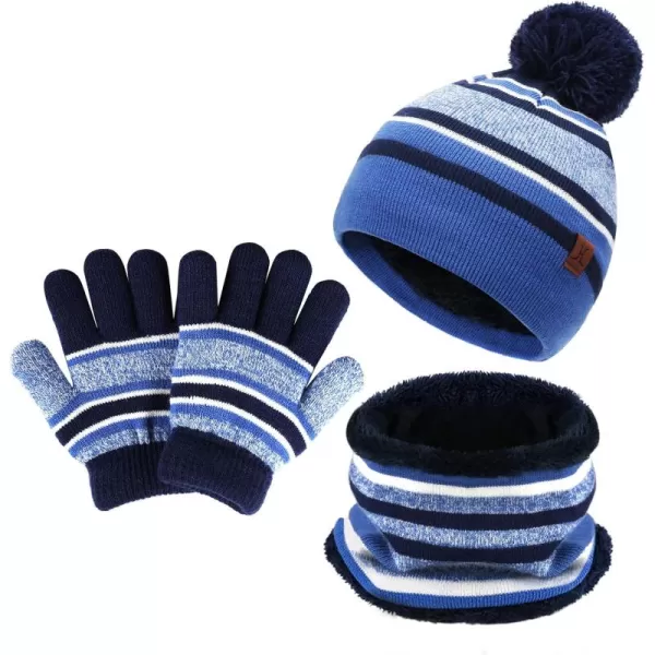 Kids Toddlers Winter Knit Warm Beanie Hat Scarf Gloves Set for Boys Girls Age 27 Pompom Cap Neck Warmer Gloves Fleece LinedBlue
