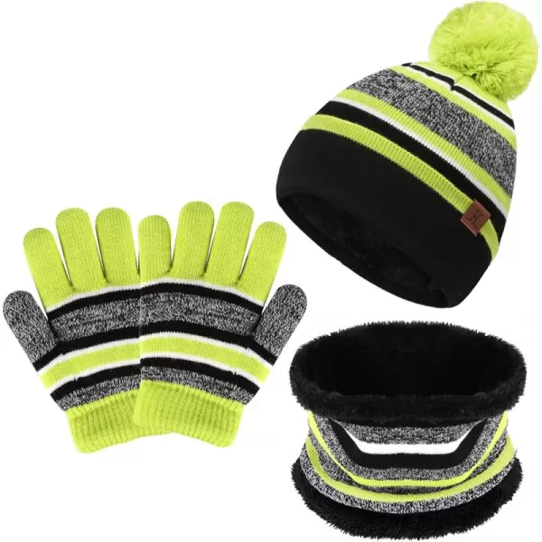 Kids Toddlers Winter Knit Warm Beanie Hat Scarf Gloves Set for Boys Girls Age 27 Pompom Cap Neck Warmer Gloves Fleece LinedGreen