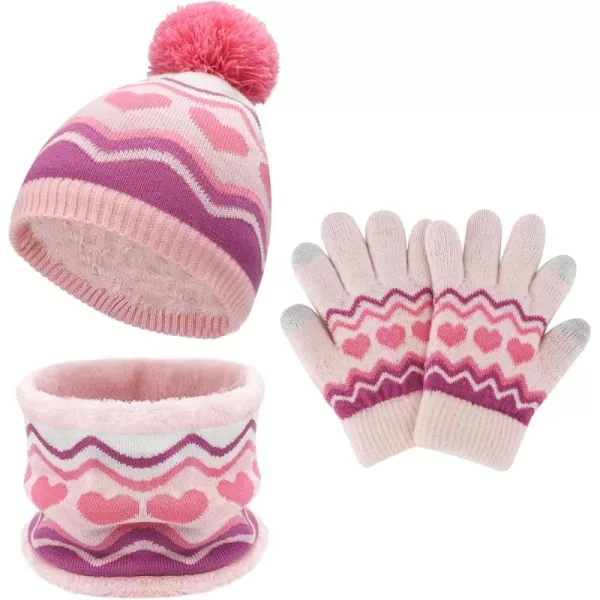Kids Toddlers Winter Knit Warm Beanie Hat Scarf Gloves Set for Boys Girls Age 27 Pompom Cap Neck Warmer Gloves Fleece LinedHeart Pattern Pink