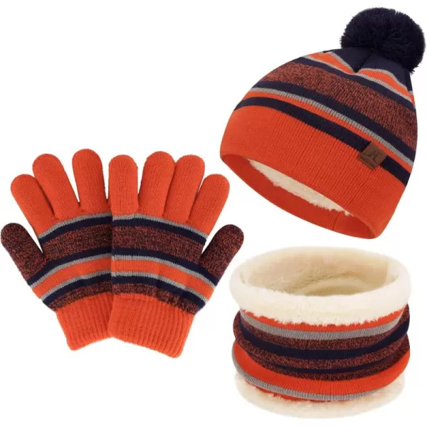 Kids Toddlers Winter Knit Warm Beanie Hat Scarf Gloves Set for Boys Girls Age 27 Pompom Cap Neck Warmer Gloves Fleece LinedOrange