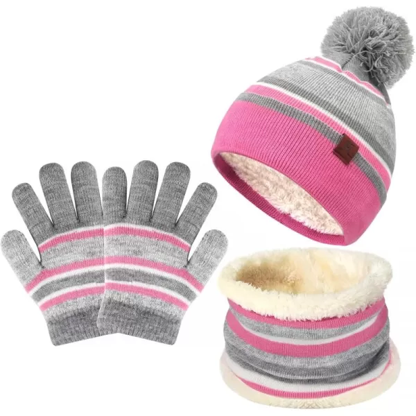 Kids Toddlers Winter Knit Warm Beanie Hat Scarf Gloves Set for Boys Girls Age 27 Pompom Cap Neck Warmer Gloves Fleece LinedPink
