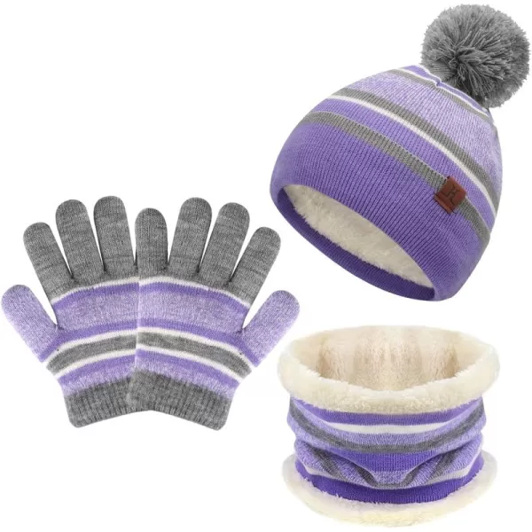 Kids Toddlers Winter Knit Warm Beanie Hat Scarf Gloves Set for Boys Girls Age 27 Pompom Cap Neck Warmer Gloves Fleece LinedPurple