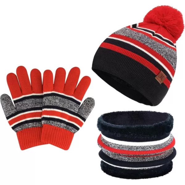 Kids Toddlers Winter Knit Warm Beanie Hat Scarf Gloves Set for Boys Girls Age 27 Pompom Cap Neck Warmer Gloves Fleece LinedRed