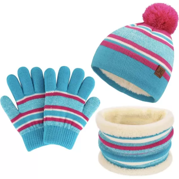 Kids Toddlers Winter Knit Warm Beanie Hat Scarf Gloves Set for Boys Girls Age 27 Pompom Cap Neck Warmer Gloves Fleece LinedSky Blue