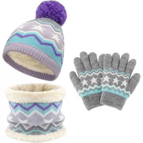 Kids Toddlers Winter Knit Warm Beanie Hat Scarf Gloves Set for Boys Girls Age 27 Pompom Cap Neck Warmer Gloves Fleece LinedStar Pattern Purple