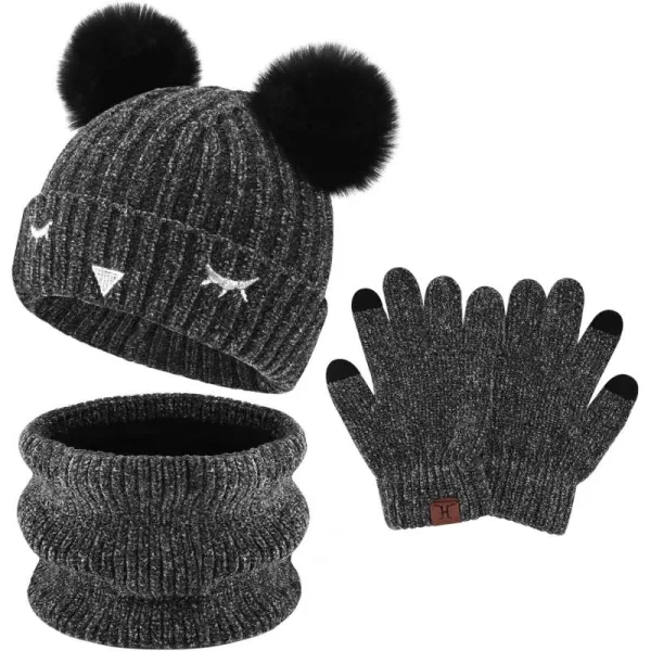 Toddler Boys Girls Winter Warm Knit Beanie Hat Neck Scarf Touchscreen Gloves with Fleece Lined Cap for 310 Year Kid GiftsA Black1