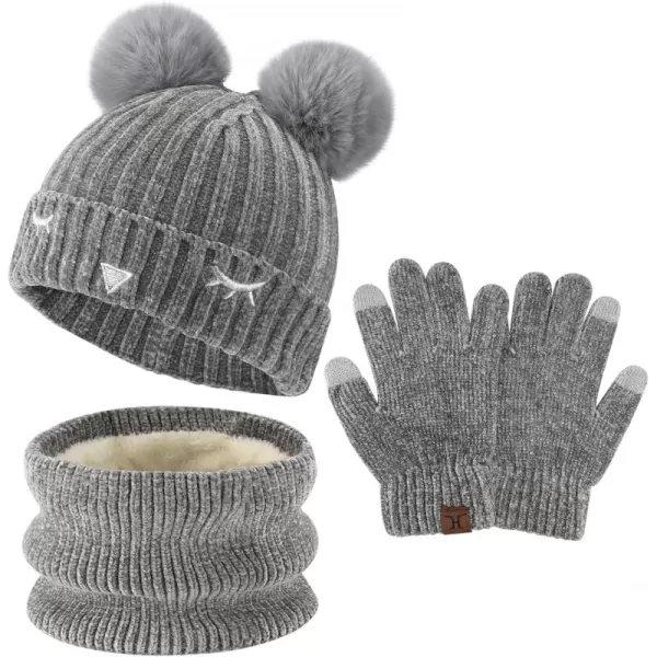 Toddler Boys Girls Winter Warm Knit Beanie Hat Neck Scarf Touchscreen Gloves with Fleece Lined Cap for 310 Year Kid GiftsA Grey