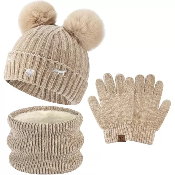Toddler Boys Girls Winter Warm Knit Beanie Hat Neck Scarf Touchscreen Gloves with Fleece Lined Cap for 310 Year Kid GiftsA Light Khaki