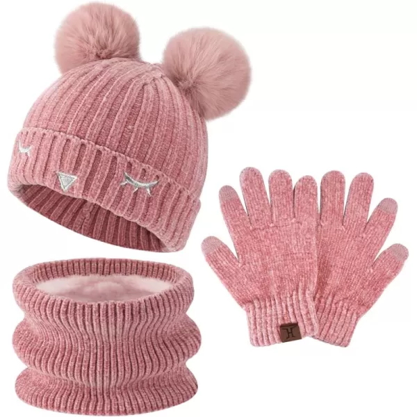 Toddler Boys Girls Winter Warm Knit Beanie Hat Neck Scarf Touchscreen Gloves with Fleece Lined Cap for 310 Year Kid GiftsA Pink