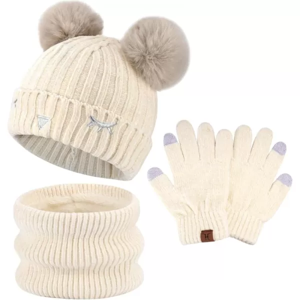 Toddler Boys Girls Winter Warm Knit Beanie Hat Neck Scarf Touchscreen Gloves with Fleece Lined Cap for 310 Year Kid GiftsA White