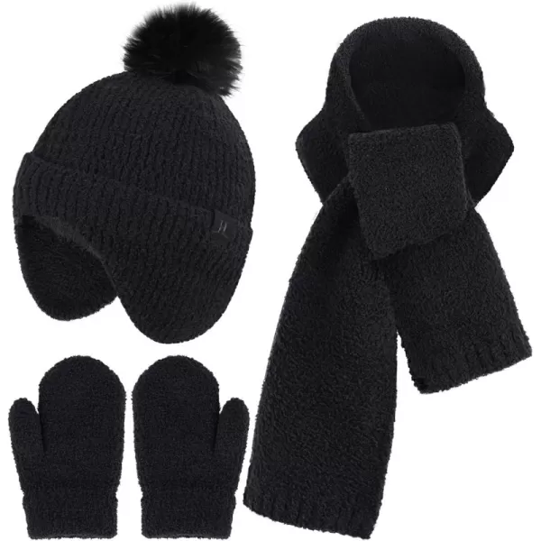 Toddler Kids Winter Hats Mittens Gloves Scarf Warm Ear Flaps Baby Beanie for 06 12 Months 1 2 3 4 Year Old Girls Boys GiftsBlack