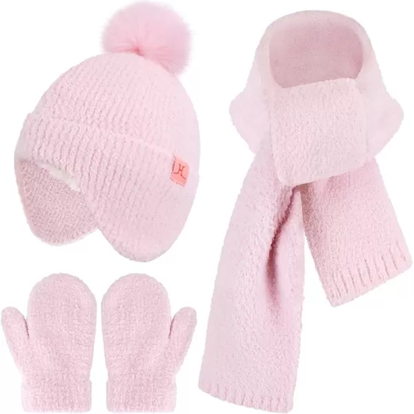 Toddler Kids Winter Hats Mittens Gloves Scarf Warm Ear Flaps Baby Beanie for 06 12 Months 1 2 3 4 Year Old Girls Boys GiftsPink