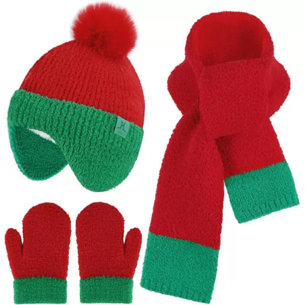 Toddler Kids Winter Hats Mittens Gloves Scarf Warm Ear Flaps Baby Beanie for 06 12 Months 1 2 3 4 Year Old Girls Boys GiftsRed  Green