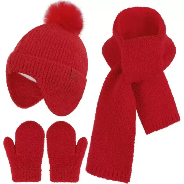 Toddler Kids Winter Hats Mittens Gloves Scarf Warm Ear Flaps Baby Beanie for 06 12 Months 1 2 3 4 Year Old Girls Boys GiftsRed