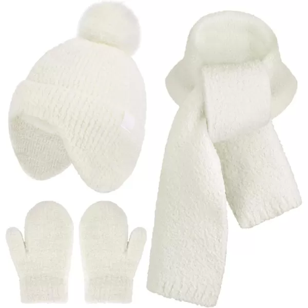 Toddler Kids Winter Hats Mittens Gloves Scarf Warm Ear Flaps Baby Beanie for 06 12 Months 1 2 3 4 Year Old Girls Boys GiftsWhite