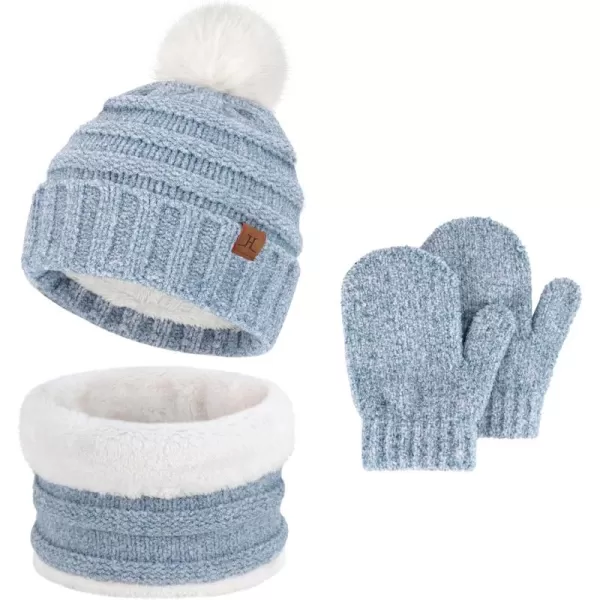 Toddler Kids Winter Warm Knit Beanie Hat Neck Warmer Scarf Gloves Set with Pompom Fleece Gifts for 05 Years Old Girls BoysBlue