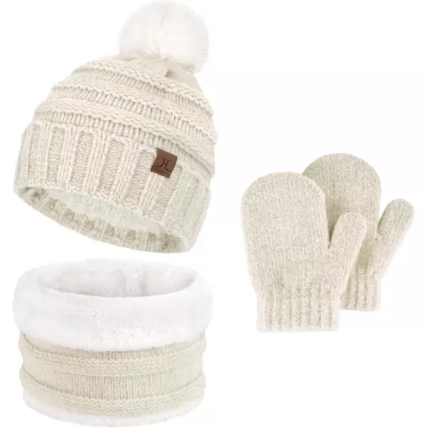 Toddler Kids Winter Warm Knit Beanie Hat Neck Warmer Scarf Gloves Set with Pompom Fleece Gifts for 05 Years Old Girls BoysKhaki
