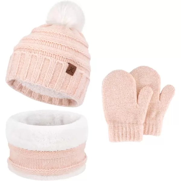 Toddler Kids Winter Warm Knit Beanie Hat Neck Warmer Scarf Gloves Set with Pompom Fleece Gifts for 05 Years Old Girls BoysPink