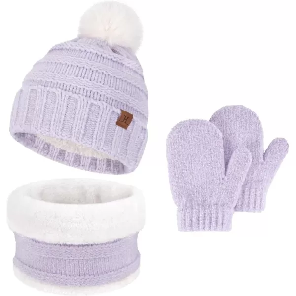 Toddler Kids Winter Warm Knit Beanie Hat Neck Warmer Scarf Gloves Set with Pompom Fleece Gifts for 05 Years Old Girls BoysPurple