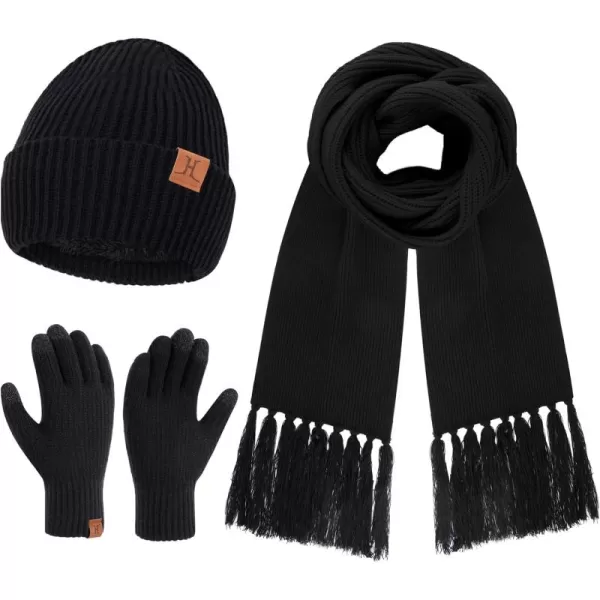 Womens Winter Hats Long Scarf Touch Screen Gloves Set Knit Warm Beanie Hat Scarves Gloves for Women Cold Weather Fleece GiftsBlack